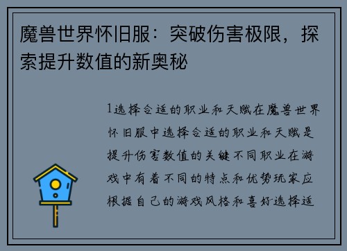 魔兽世界怀旧服：突破伤害极限，探索提升数值的新奥秘
